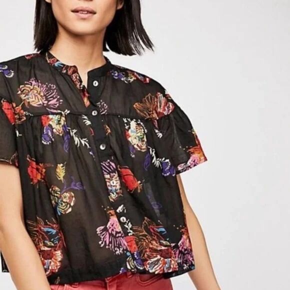 Free People Sweet Escape Cropped Cotton Blouse in Black Floral - XS - Picture 1 of 9